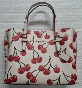 NWT ~ 🍒COACH CY695 Mollie Tote Bag 25 ~ Cherry Print Double Face Pebble Leather - Picture 1 of 10