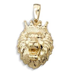 Real 14K Yellow Gold Lion Pendant with Crown, 3 Sizes, Leo King Pendant - Picture 1 of 9