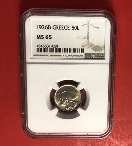 GRIECHENLAND-1926-B -UNZIRKULIERT 50 LEPTA MÜNZE, BEWERTET VON NGC MS65. - Bild 1 von 4