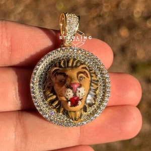 Lion Medal Pendant Iced Out Enamel 14K Gold Finish Charm Free Steel Cuban Chain - Picture 1 of 13