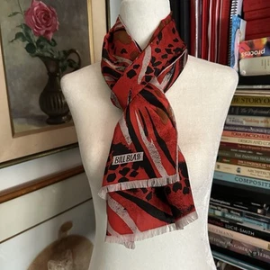 Vtg BILL BLASS Long Silk Scarf Red Black Abstract Animal Print Fringe 11" x 57" - Picture 1 of 9