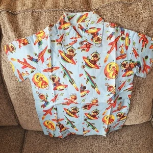 Boys Button Up Short Sleeve Shirt - Retro Space Ship Design - Picture 1 of 6