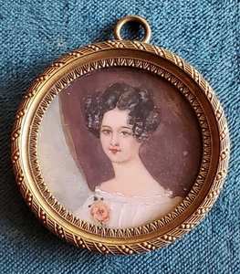 Antique Miniature Portrait Painting Woman Framed Gold Brass Ornate Frame - Picture 1 of 6