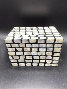 Handmade Shell Inlay & Wood Decorative Jewelry Trinket Box Black White Beige - Picture 1 of 11