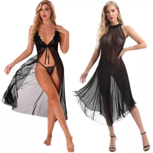 Womens Sexy See-through Mesh Nightdress Lingerie Dress with G-string Nightwear - Picture 1 of 27