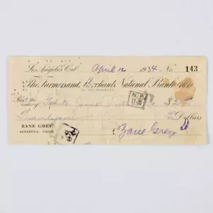 Zane Grey Signed Check - COA JSA - Picture 1 of 3