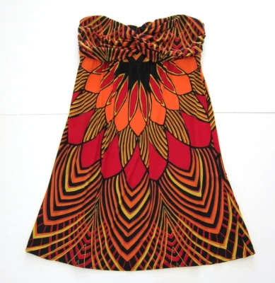 Vintage Y2K Nicole Miller Orange Red Black Geometric Stretch Strapless Dress L - Image 1 of 4