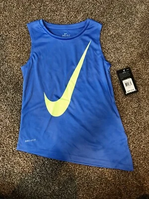NUEVO CON ETIQUETAS NIKE Dri Fit Niñas Azul Camiseta Top Talla 6X con Verde Nike SWOOSH PRECIO DE VENTA SUGERIDO POR EL FABRICANTE $24 Foto 1 de 4