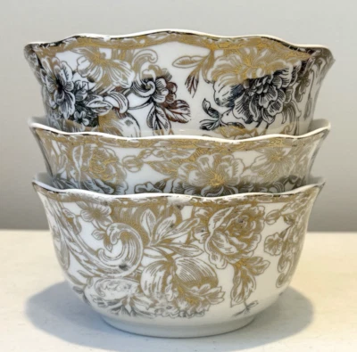 222 Fifth Hawthorne Gold 5,5" conjunto de três tigelas de sopa de porcelana cereais - Imagem 1 de 4