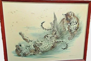 Signed Framed RALPH THOMPSON Textured Canvas Print  Leopard Cubs SURPRISE ATTACK - Picture 1 of 12