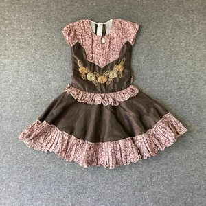 Vintage 60s 70s Fit n Flare Dress  Girls 10-12 Brown Pink Embroidered - Picture 1 of 9