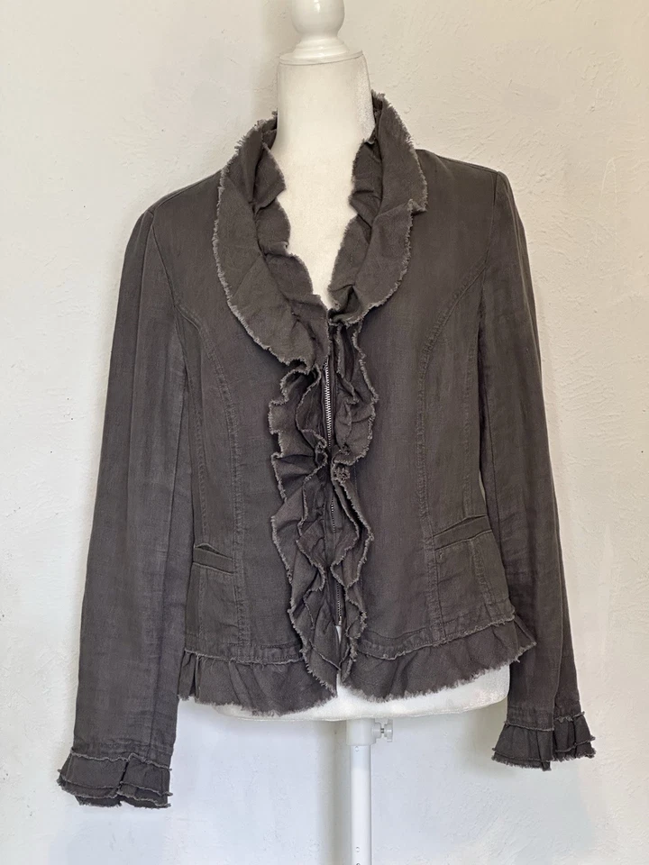 INC INTERNATIONAL CONCEPTS Size M Gray Linen Fringe Ruffle Zip Jacket Boho - Image 1 of 4