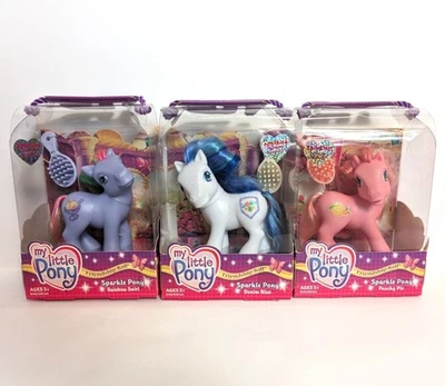 G3 My Little Pony lote de 3 ponis brillantes RAINBOW SWIRL DENIM AZUL PASTEL MELOCOTÓN Foto 1 de 4
