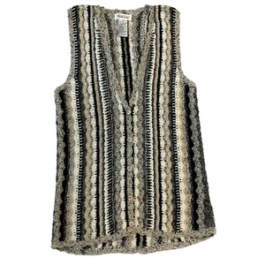 Talbots Black Tan Sleeveless Buttoned Front Textured Striped Sweater Vest Medium - Picture 1 of 7