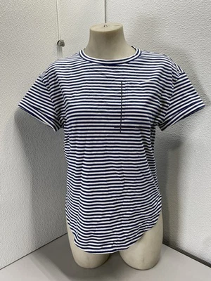 Brunello Cucinelli Womens Pocket Detail Curved Hem T-Shirt Size XS Blue Stripe - Image 1 of 4