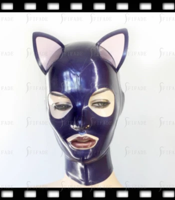 Máscara de látex con capucha púrpura cara de gato oreja rosa disfraces sexy personalizada 0,4 mm A38 Foto 1 de 4