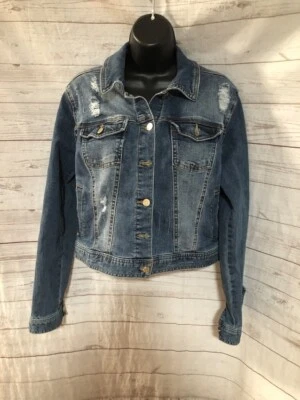 Celebrity Pink Women's Ripped Denim Jean Jacket Blue Cotton Blend Size M - Image 1 of 4