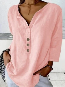 Women's Cotton V-Neck T-Shirt Casual Loose Fit Solid Color Shirt 3/4 Sleeve - Picture 1 of 9
