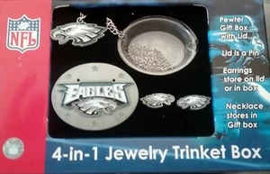 EAGLES FOOTBALL JEWELRY SET. EARRINGS PIN NECKLACE SMALL METAL BOX NEW NFL LIC - Picture 1 of 1