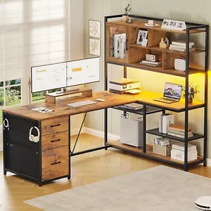 L Shaped Computer Desk with LED Light &Bookshelf 58'' Office Desk with 3 Drawers - Picture 1 of 8