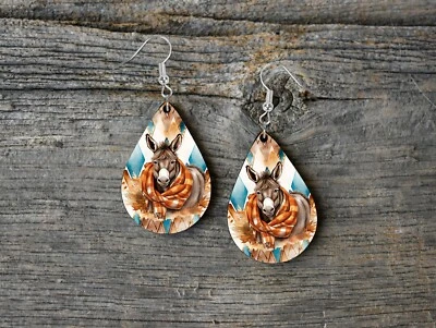 Fall Earrings, Fall Donkey Wood Tear Drop Dangle Printed Earrings Jewelry - Image 1 of 3
