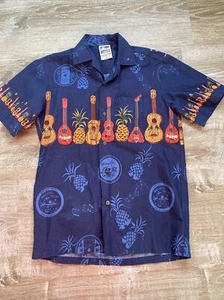 Hawaiian Togs Shirt Men Small Ukelele Floral Print Navy Cotton EUC - Picture 1 of 6
