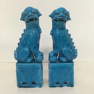 Chinese Porcelain Foo Dogs Turquoise Blue Glaze 10 in Fu Dog Statues Vintage - Picture 1 of 12