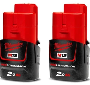 2 x Genuine Milwaukee M12B2 12V Li-Ion 2.0Ah RED LITHIUM Battery - M12 - Picture 1 of 2