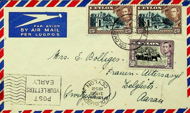 Ceylan Sri Lanka 1952 3v Poste Aérienne Housse De Colombo To Aarau Suisse