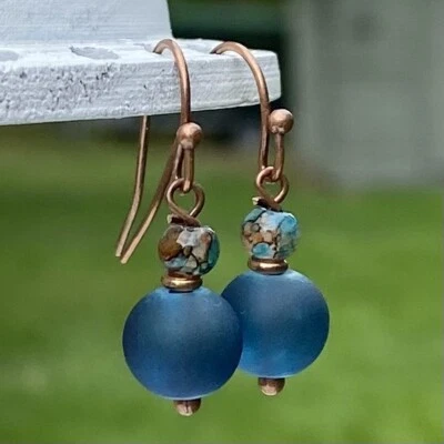 Серьги-капли из окрашенного стекла и меди Min Favorit бирюзовое морское стекло персиковый бирюзовый цвет - Изображение 1 из 4