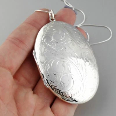 Large Oval 2-Photo Locket Necklace - 925 Sterling Silver with 18" Snake Chain - Image 1 of 4