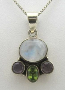 LOVELY ESTATE MOONSTONE, AMETHYST & PERIDOT STERLING SILVER PENDANT NECKLACE - Picture 1 of 8
