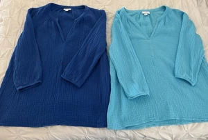 J.Jill 2 Relaxed Cotton-Gauze Popover Tops Blue Size S - Picture 1 of 15
