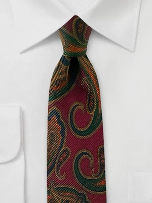 Polo Ralph Lauren Mens 100% Silk Burgundy Multicolored Paisley Ribbed Necktie - Image 1 of 4