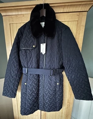 Cole Haan Signature Quilt Belted Jacket -Removable Faux Fur Collar Size XL -Navy - Image 1 of 4