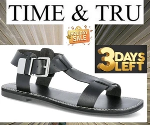 Sandalia Time and Tru Mujer TALLA 6 Correa en T Color Negro NUEVA - Imagen 1 de 13