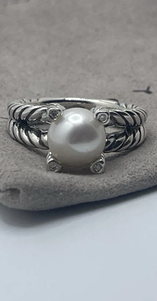 David Yurman 9.5-10mm Pearl Diamonds Classic Cable Silver Ring Sz 7 Foto 1 de 1