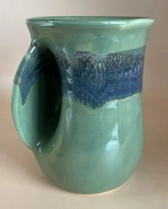 Neher Pottery Handwarmer Mug Clay in Motion Green Blue Drip Glaze Left Hand 2005 - Picture 1 of 6