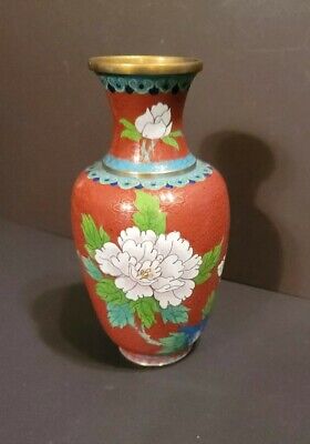 Vintage Large Cloissone Vase Hydrangea? Peony? Flower Bluebird Enamel Brass  • 69.99$