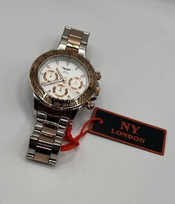 Correa de acero inoxidable NY London plateada y oro rosa con esfera blanca PI-7708D Foto 1 de 3