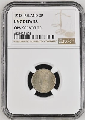 Ireland 1948 3 Pence NGC UNC DETAILS KEY DATE IN UNC - ONLY 4 SEEN BY NGC IN UNC - Image 1 of 2