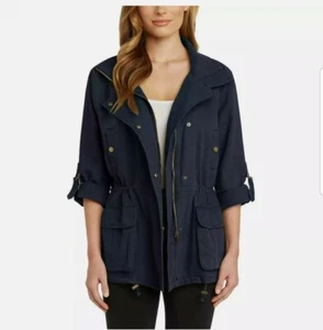 NO TAG Matty M Womens Large Anorak Jacket Roll Tab Sleeve Drawstring Waist Navy  - Picture 1 of 7