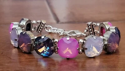 Pulsera Cristal Swarovski Piedras Ópalo Rosa Púrpura Plata 12mm Cojín Cuadrado  Foto 1 de 3