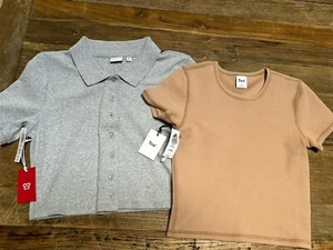 $70 Lot Of 2 Aritzia TNA COTTON Cropped/Reg T-Shirt Tops Gray & Beige XS/M NWT - Picture 1 of 12
