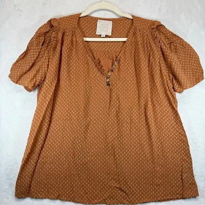 Johnny Was Archer Flare Blouse Swiss Dot Button Up Short Sleeve Top Brown Size M - Image 1 of 4