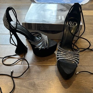 NEW Women’s JLO Jennifer Lopez Black Lace Up Rhinestone Platform Sandals Size 7 - Picture 1 of 9