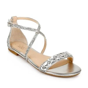 Jewel Badgley Mischka Women's Osome Glitter Flat Sandals Silver Size 7 NWB - Picture 1 of 6