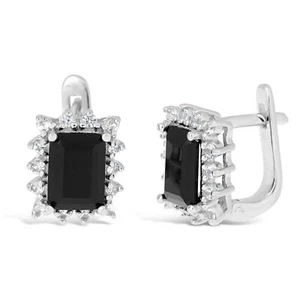 Sterling Silver Huggie Hoop Earrings with 7x5 Cushion Black Onyx - Picture 1 of 4