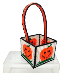 Vintage Pumpkin Halloween Basket Plastic Canvas Yarn Art Needlepoint Completed - Picture 1 of 10