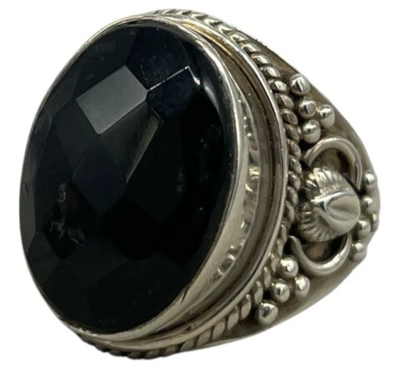 Anello Donna Vintage Argento 925 pietra Onice ovale nero Tondo Briolè elegante - Immagine 1 di 4